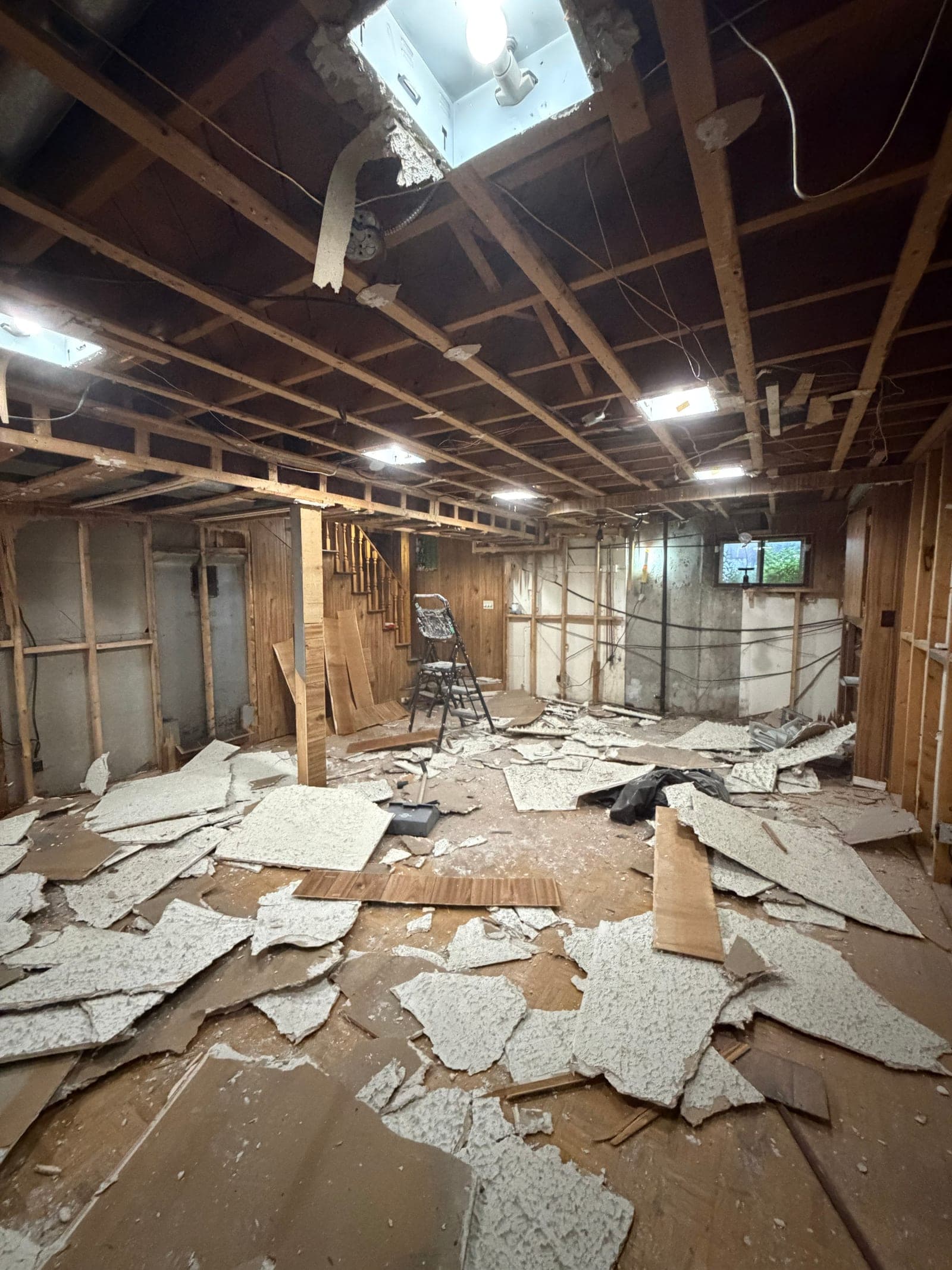 Gutted basement mid-demolition with exposed ceiling joists and debris, before Renovision AnA's renovation