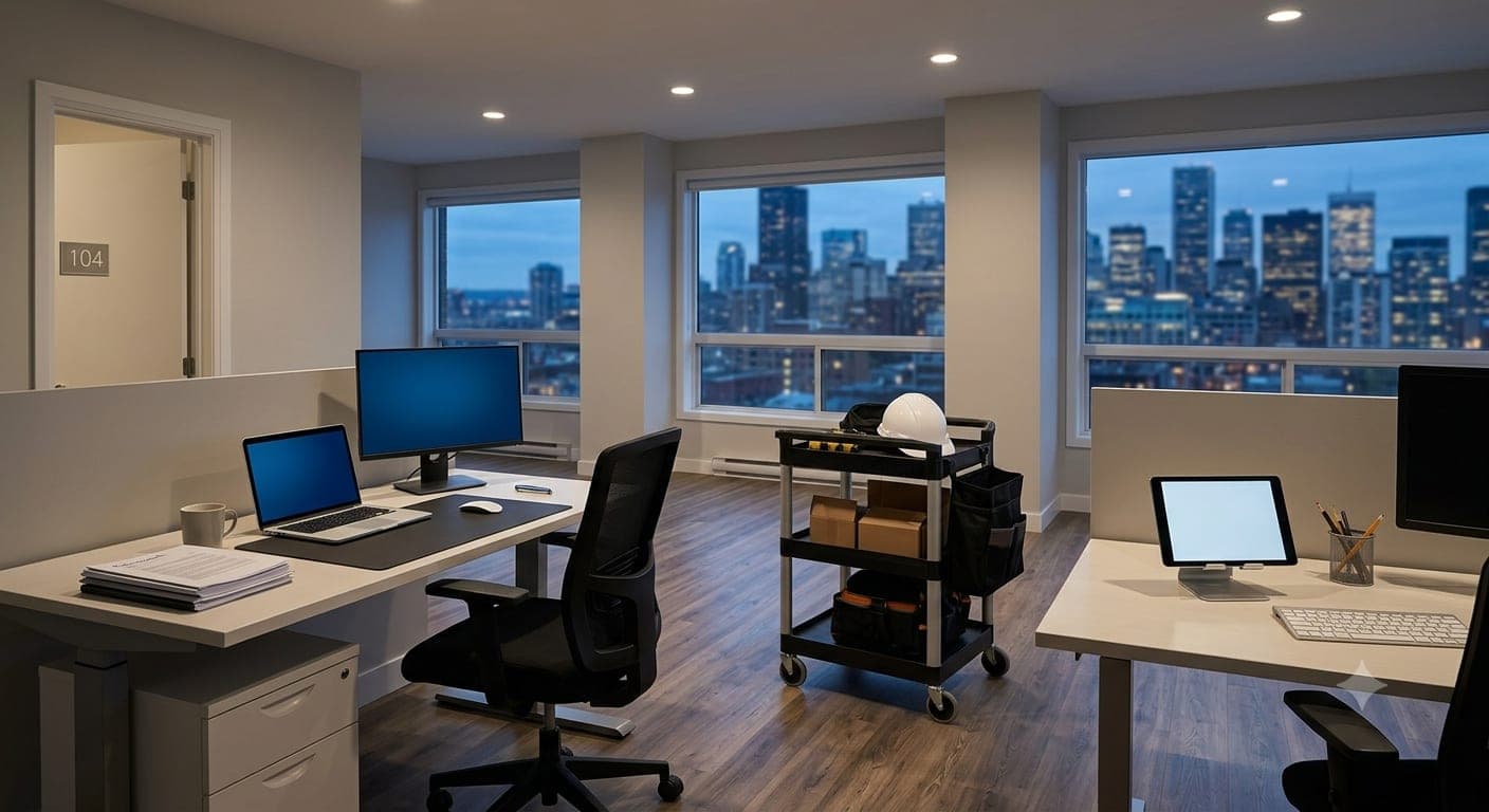 Modern property management office with city skyline view and a maintenance cart staged with tools and a hard hat